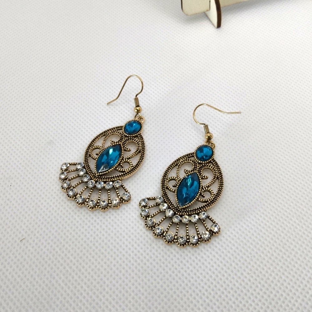 Gold and Blue Teardrop Filigree Earrings